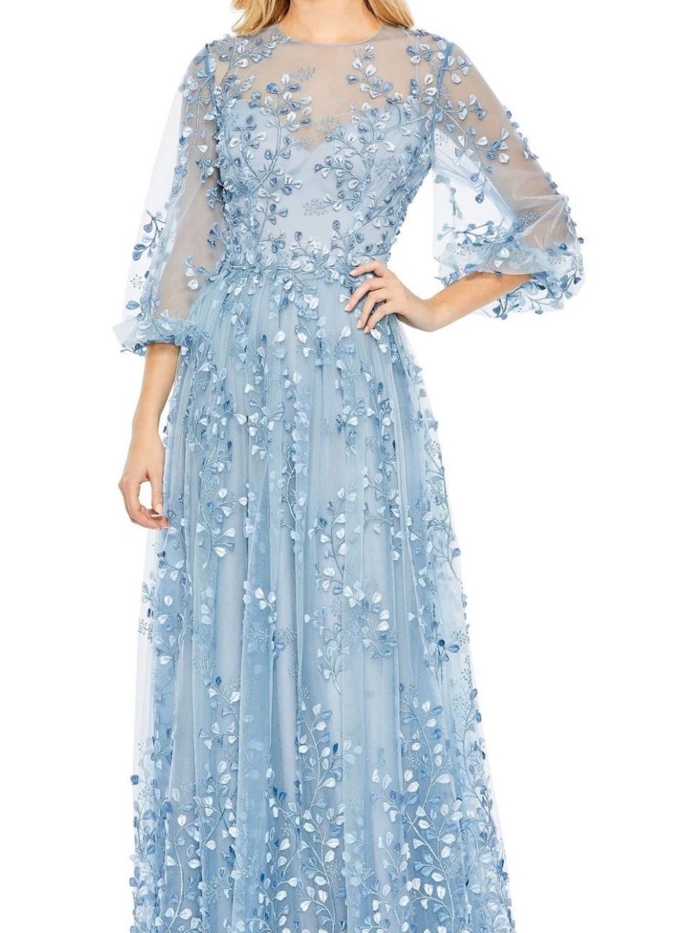 Mac Duggal Dusty Blue Embroidered Tulle Gown
